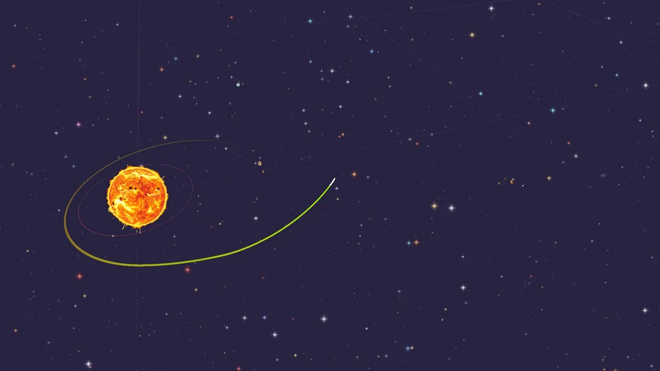 A projected trajectory curving away from the sun towards a distant planet