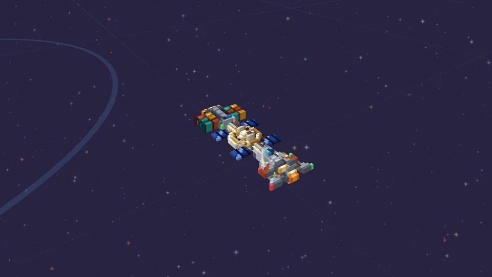 A voxel freighter docked at Ivory station, solar panels spread