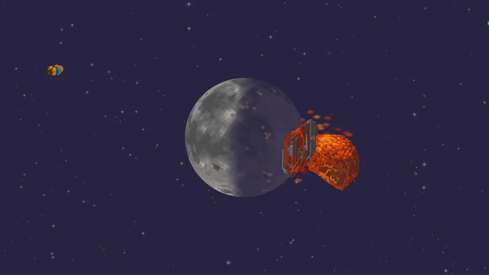 A voxel fireball blooms where a ship hit Lune