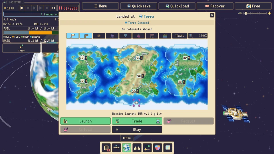 Landed on Terra: the world's map with its settlements, and buttons to launch, trade or stay