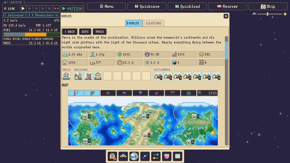 Terra's world page: atmosphere, gravity, habitability and population stats above its surface map