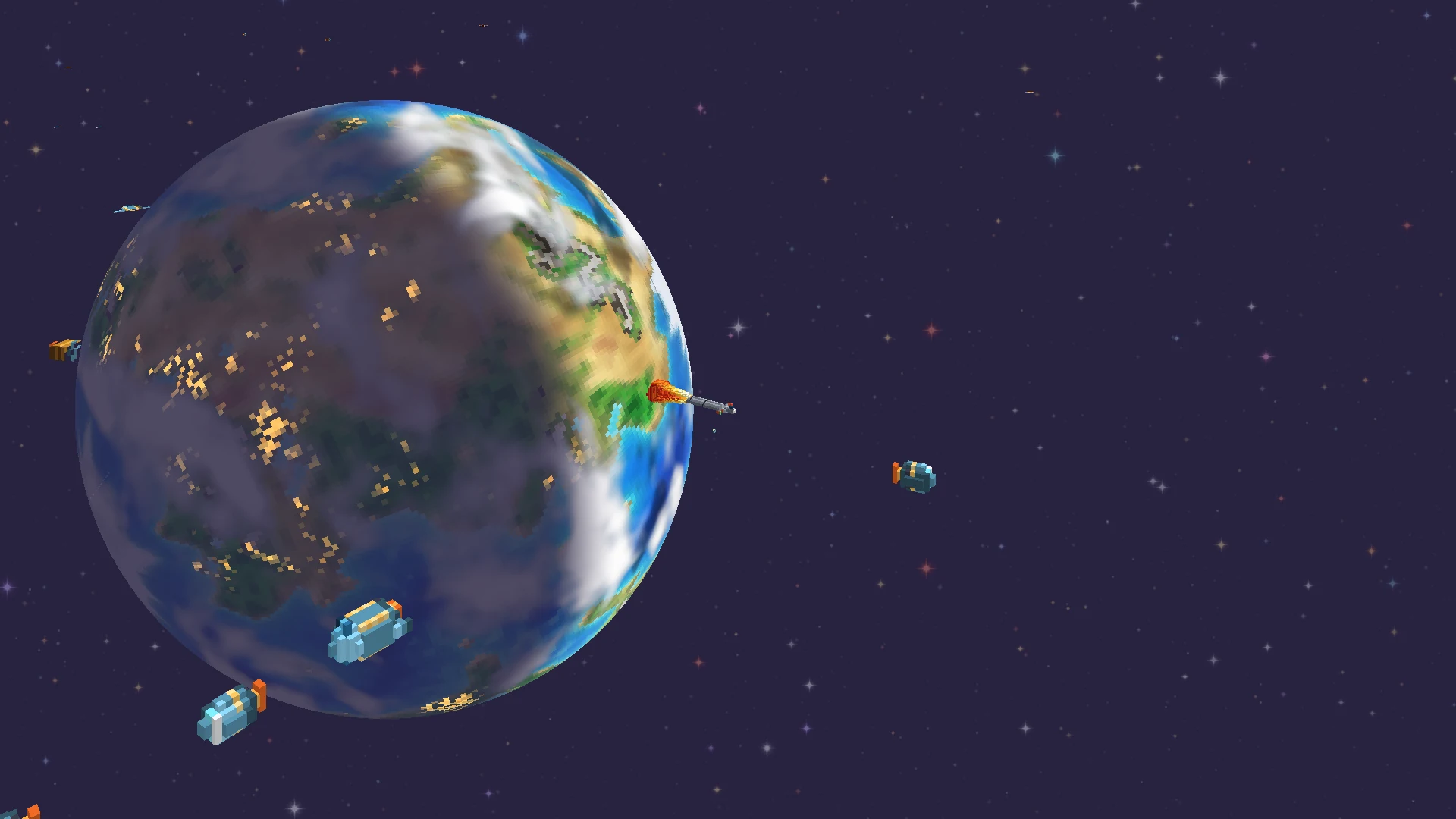A rocket lifts off Terra on a voxel booster plume, the night side lit by city lights