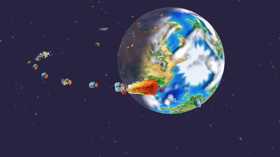 A rocket burns along Terra's terminator, cargo ships trailing behind