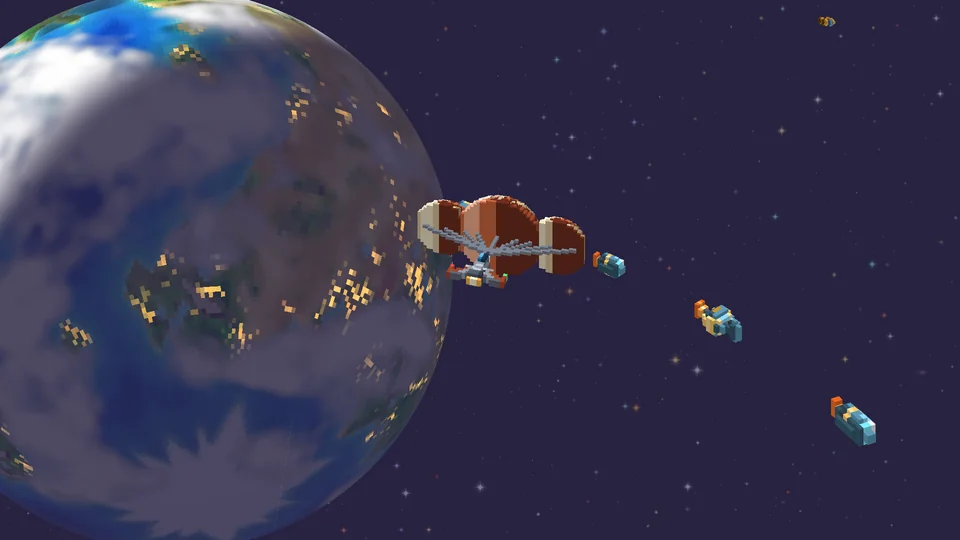 A capsule drifts down to Terra's night side under three parachutes