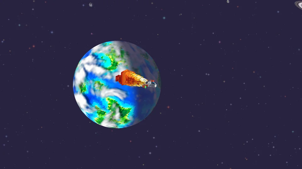 A rocket fires its engine to land on the ocean world Aquara