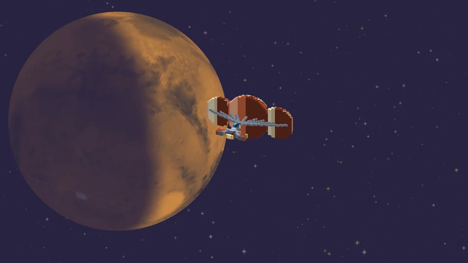 A capsule under parachutes over the rusty limb of Ares