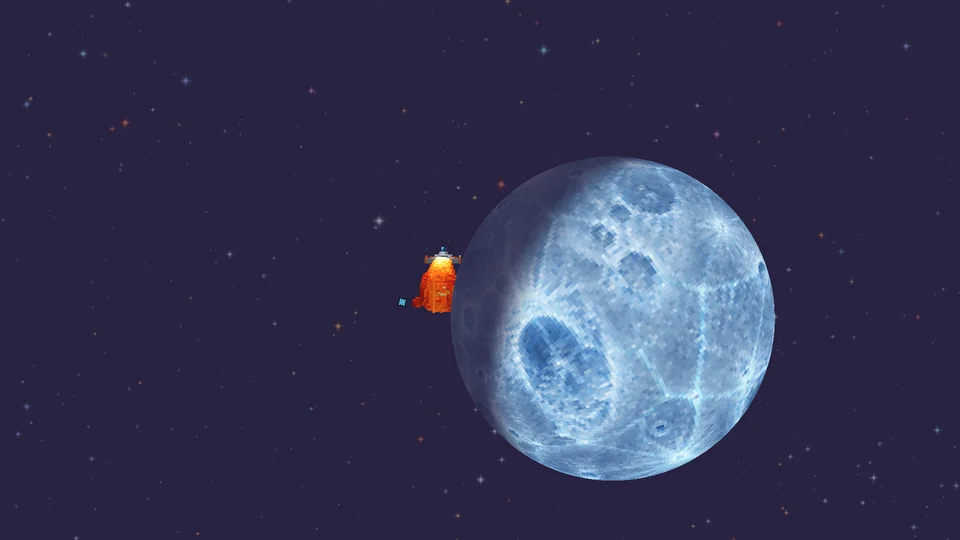 A ship burns over the cratered ice moon Glacius
