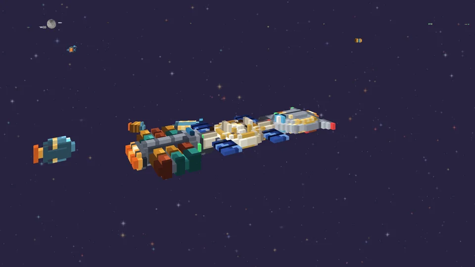 A long voxel freighter, stacked with coloured cargo modules, coasting through space
