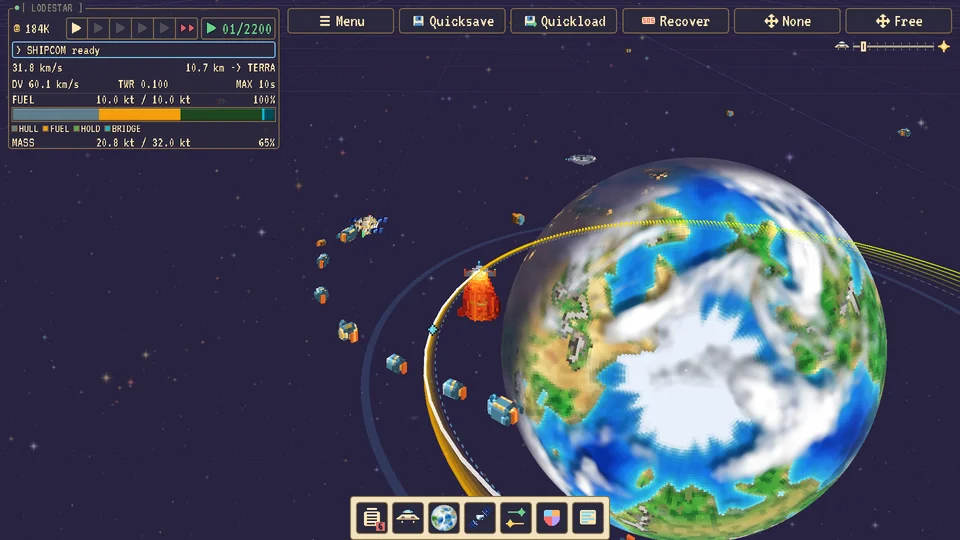 The game screen in flight: ship readouts, trajectory and the panel bar
