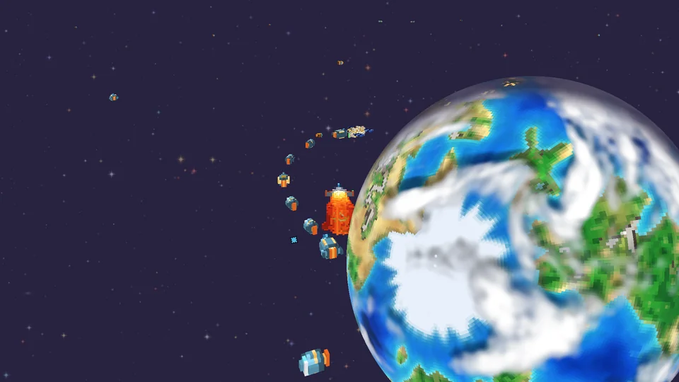 The chase camera behind a burning ship over Terra