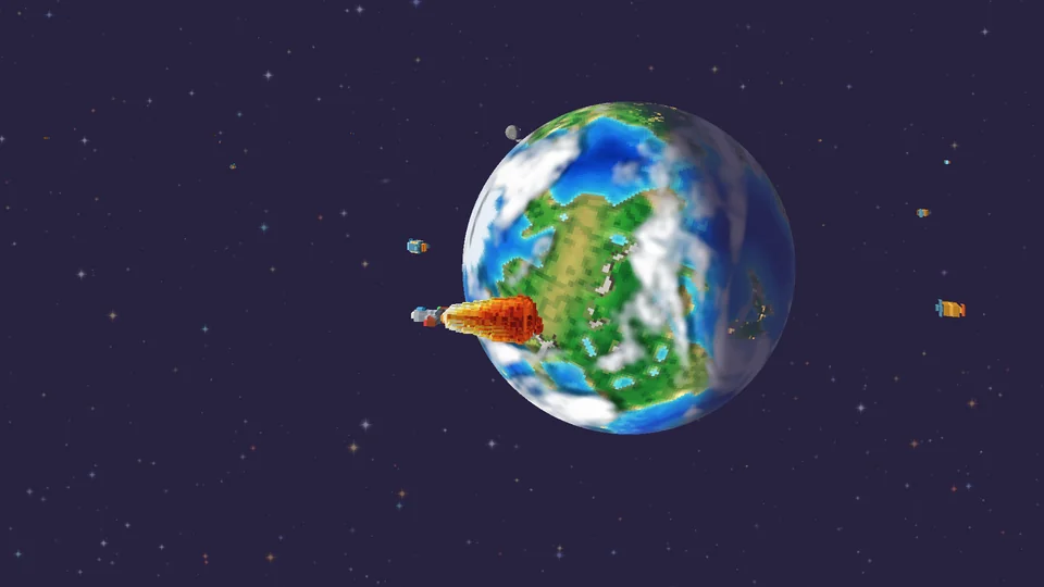 A ship burns over Terra with the moon Lune in the distance