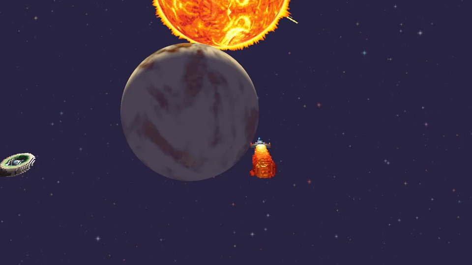 A rocket burns below Venera as the planet passes in front of a huge, blazing star